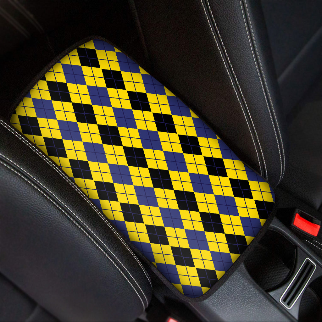 Black Blue And Yellow Argyle Print Car Center Console Cover