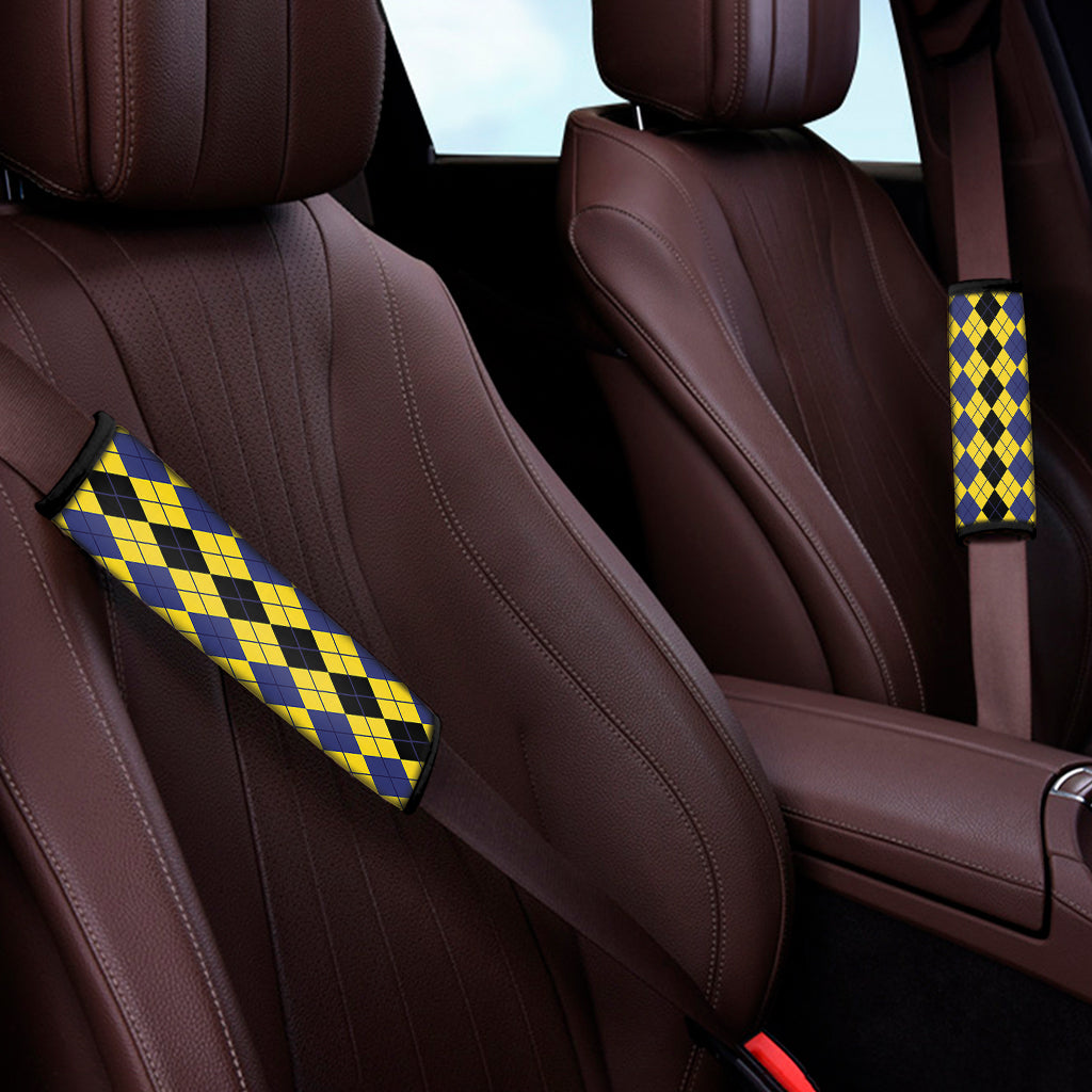 Black Blue And Yellow Argyle Print Car Seat Belt Covers