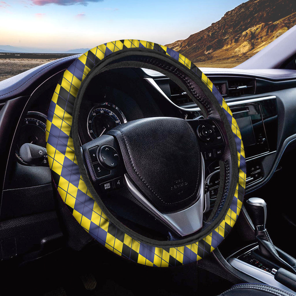 Black Blue And Yellow Argyle Print Car Steering Wheel Cover