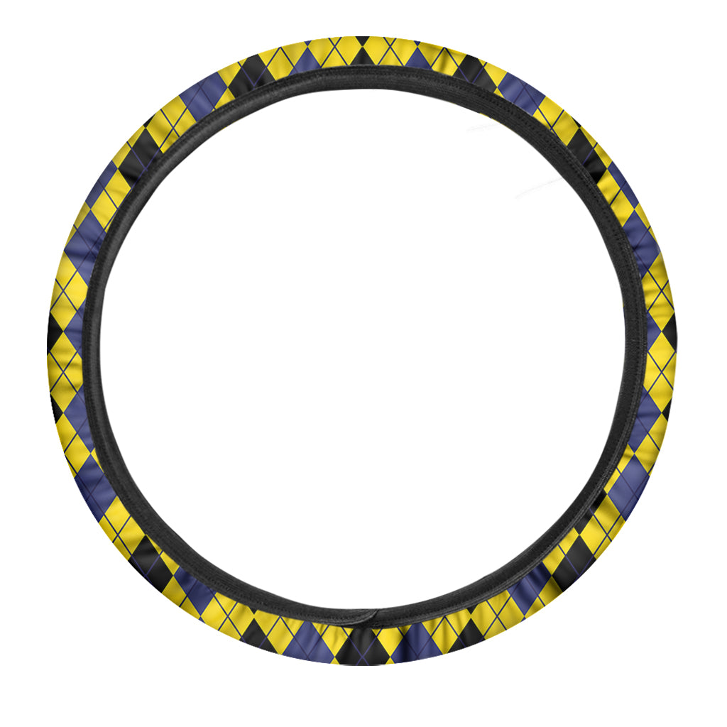 Black Blue And Yellow Argyle Print Car Steering Wheel Cover