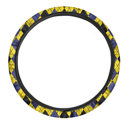 Black Blue And Yellow Argyle Print Car Steering Wheel Cover