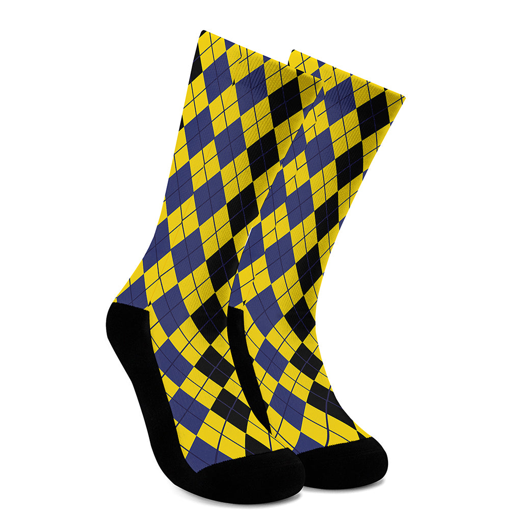 Black Blue And Yellow Argyle Print Crew Socks