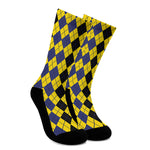 Black Blue And Yellow Argyle Print Crew Socks