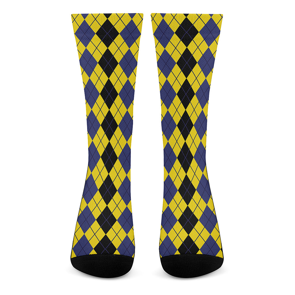 Black Blue And Yellow Argyle Print Crew Socks