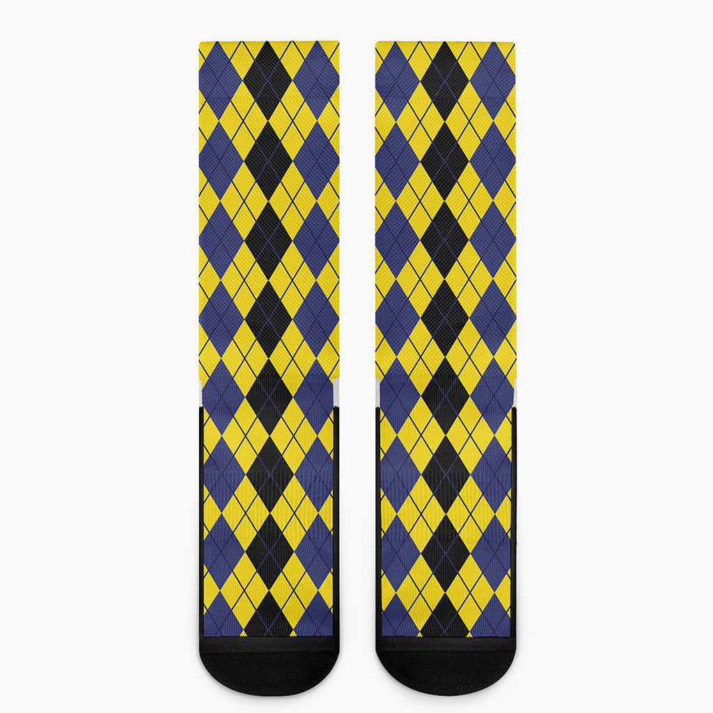 Black Blue And Yellow Argyle Print Crew Socks