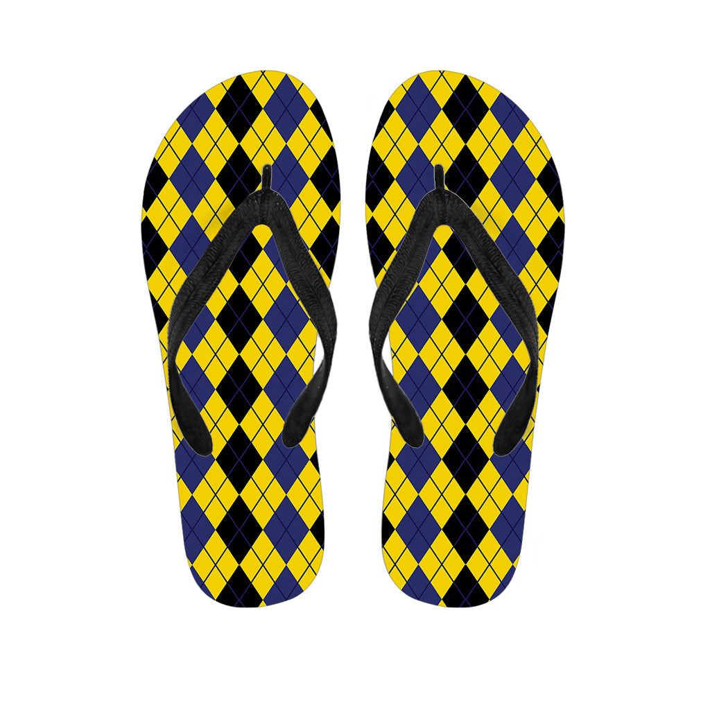 Black Blue And Yellow Argyle Print Flip Flops