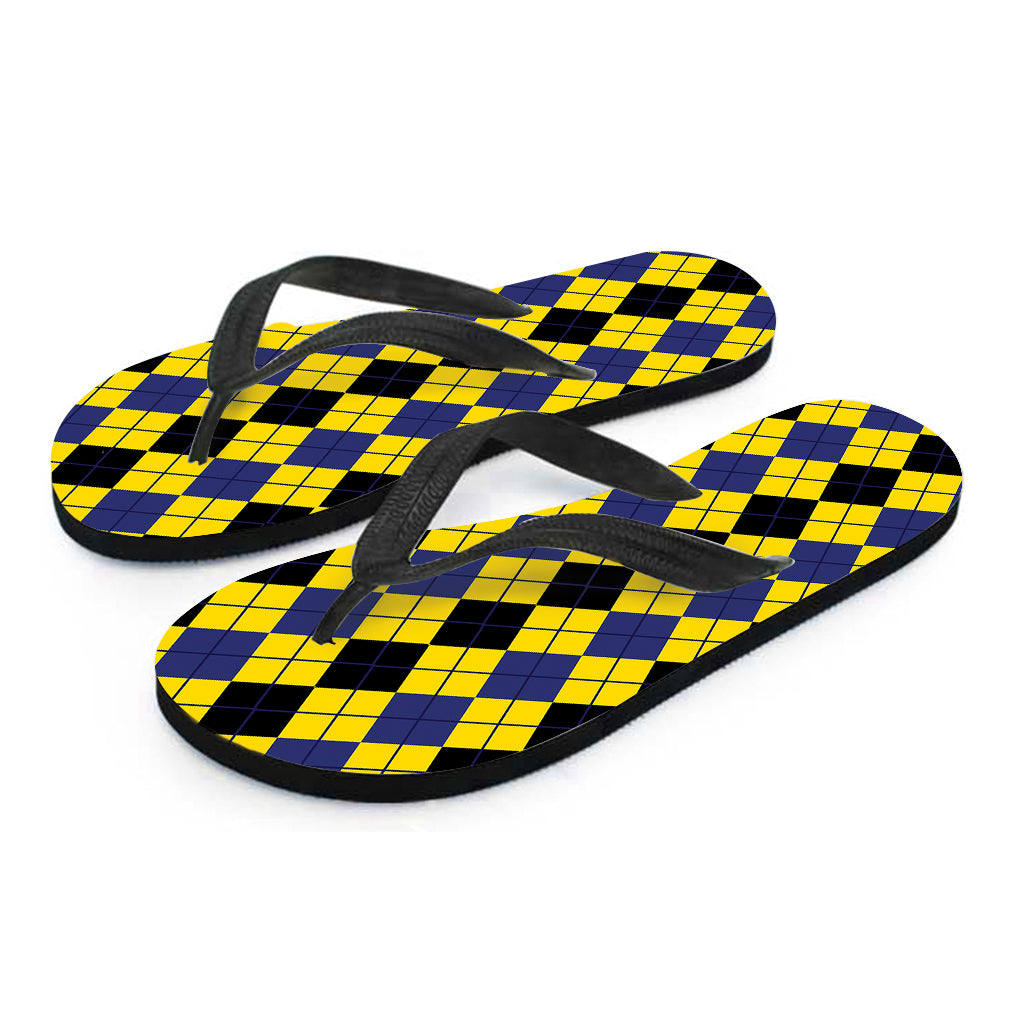 Black Blue And Yellow Argyle Print Flip Flops