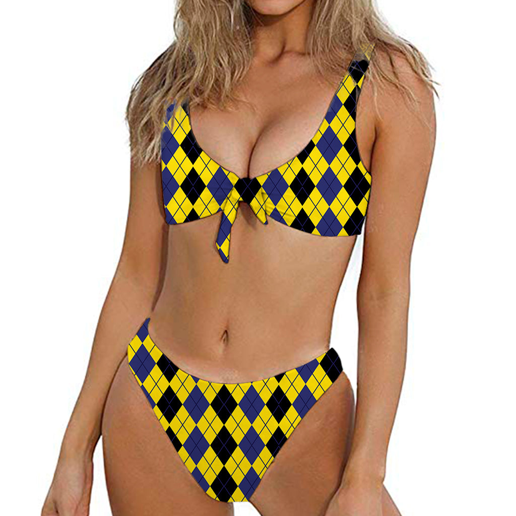 Black Blue And Yellow Argyle Print Front Bow Tie Bikini