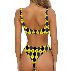 Black Blue And Yellow Argyle Print Front Bow Tie Bikini