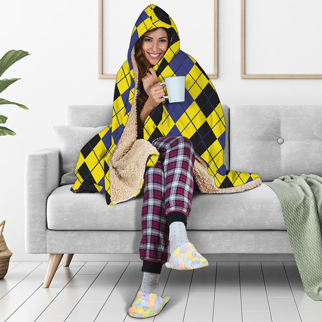 Black Blue And Yellow Argyle Print Hooded Blanket