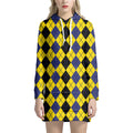 Black Blue And Yellow Argyle Print Pullover Hoodie Dress