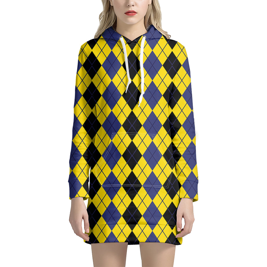 Black Blue And Yellow Argyle Print Hoodie Dress