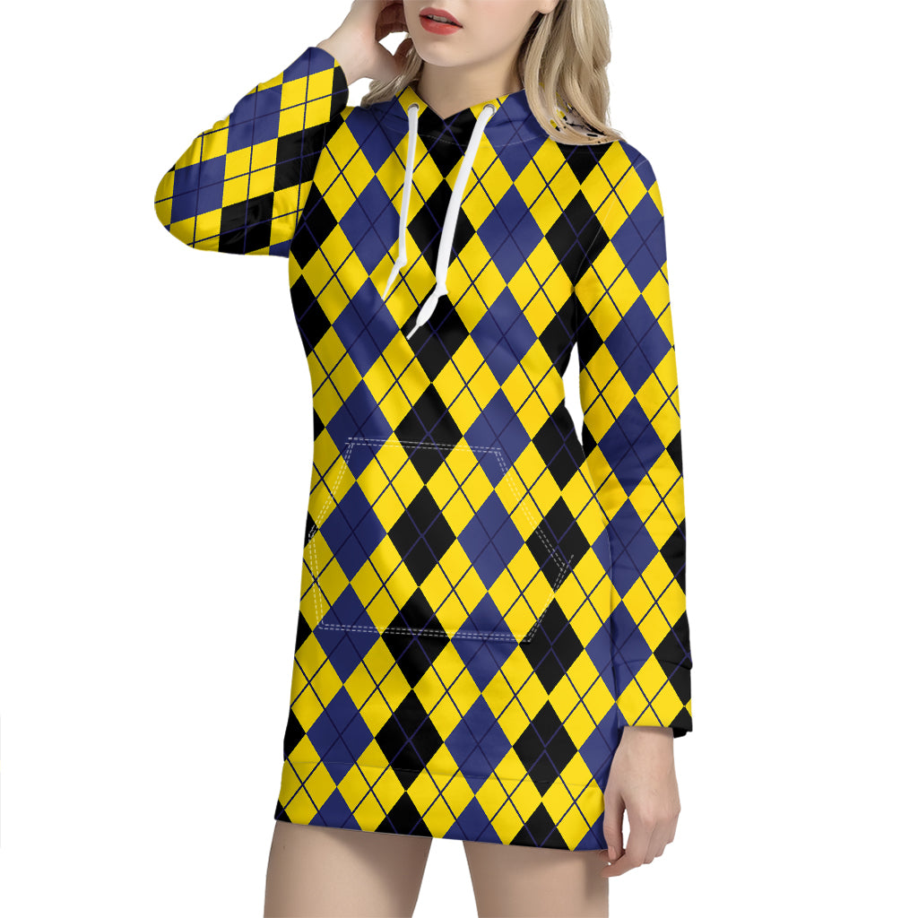 Black Blue And Yellow Argyle Print Hoodie Dress