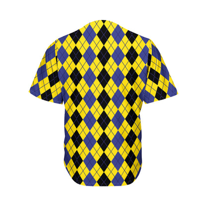 Black Blue And Yellow Argyle Print Men's Baseball Jersey