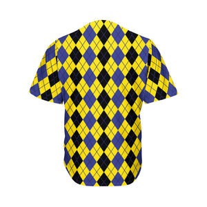 Black Blue And Yellow Argyle Print Men's Baseball Jersey