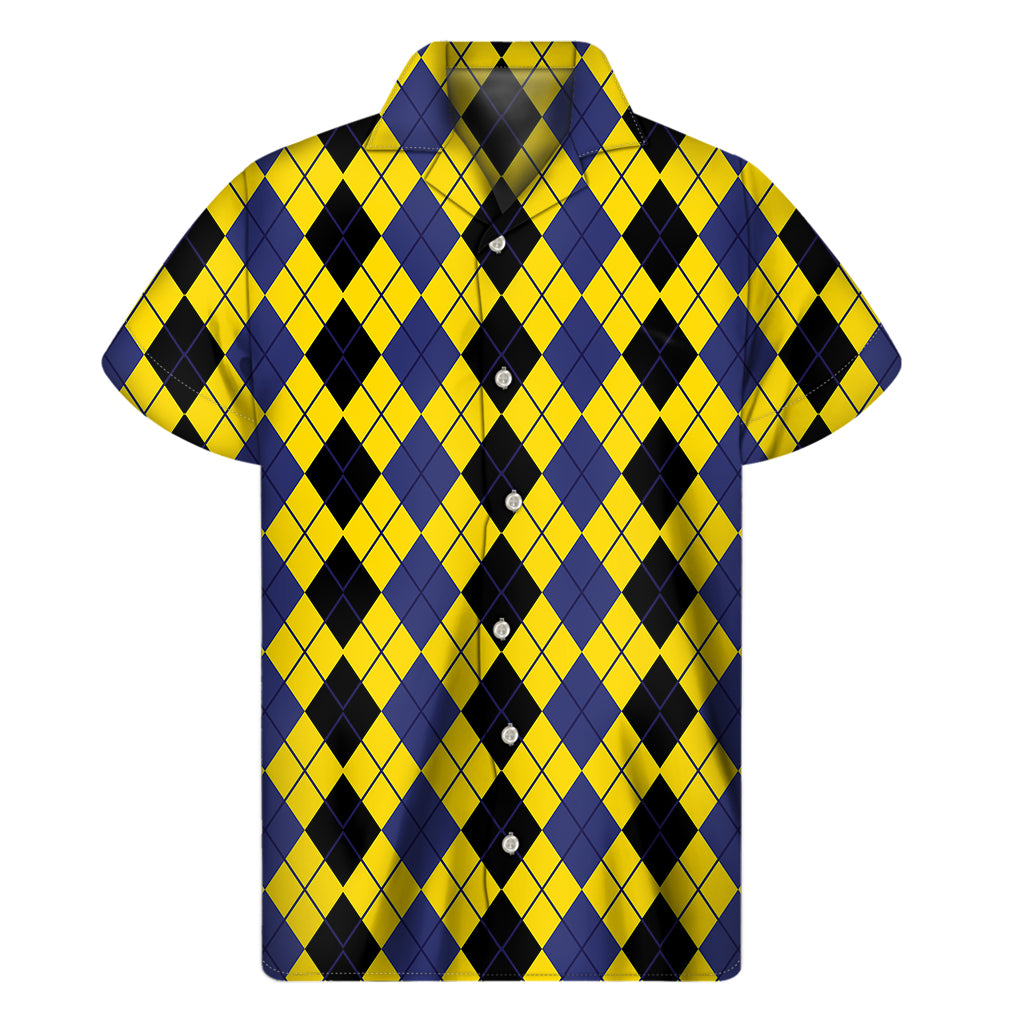 Black Blue And Yellow Argyle Print Men's Short Sleeve Shirt