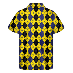 Black Blue And Yellow Argyle Print Men's Short Sleeve Shirt