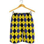 Black Blue And Yellow Argyle Print Men's Shorts