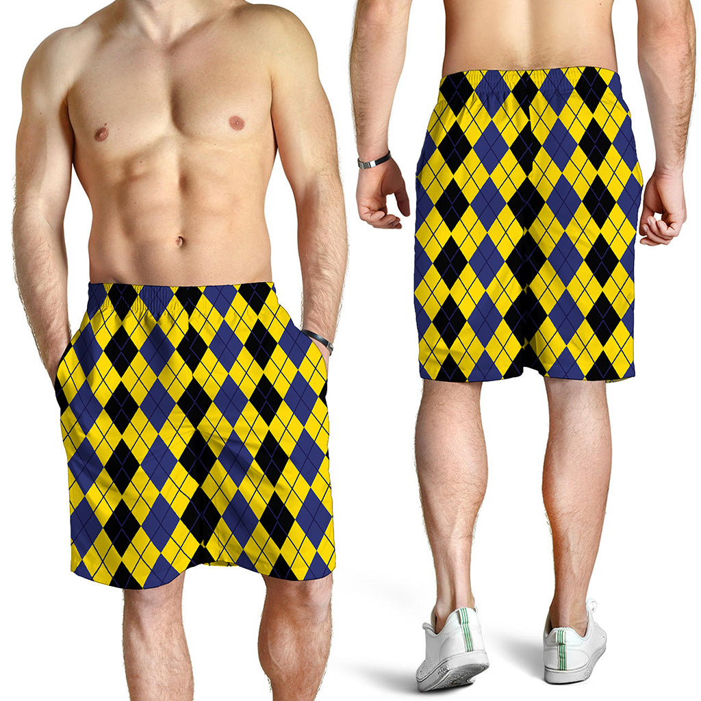 Black Blue And Yellow Argyle Print Men's Shorts