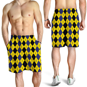 Black Blue And Yellow Argyle Print Men's Shorts