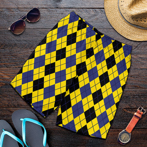 Black Blue And Yellow Argyle Print Men's Shorts