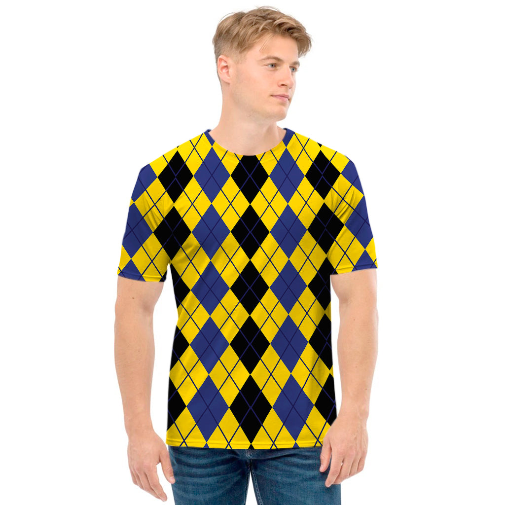 Black Blue And Yellow Argyle Print Men's T-Shirt