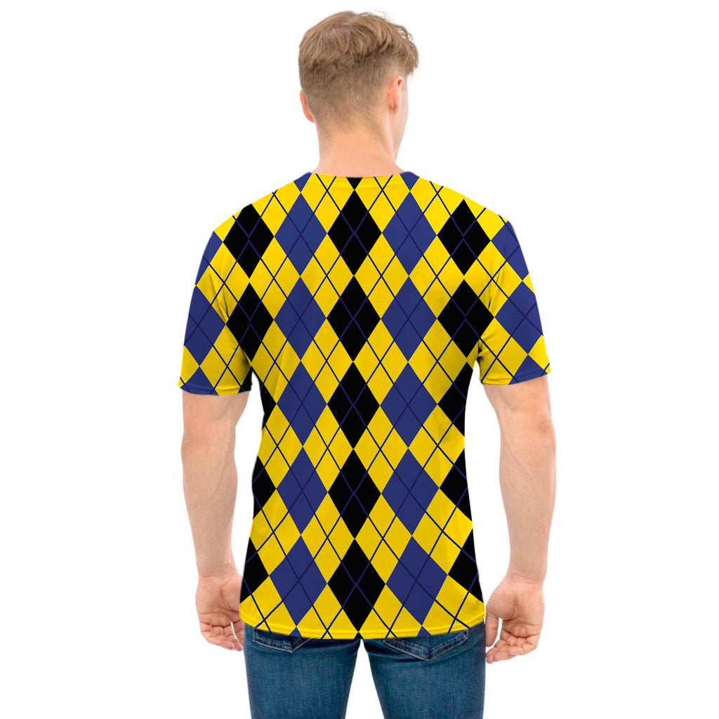 Black Blue And Yellow Argyle Print Men's T-Shirt