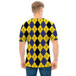 Black Blue And Yellow Argyle Print Men's T-Shirt