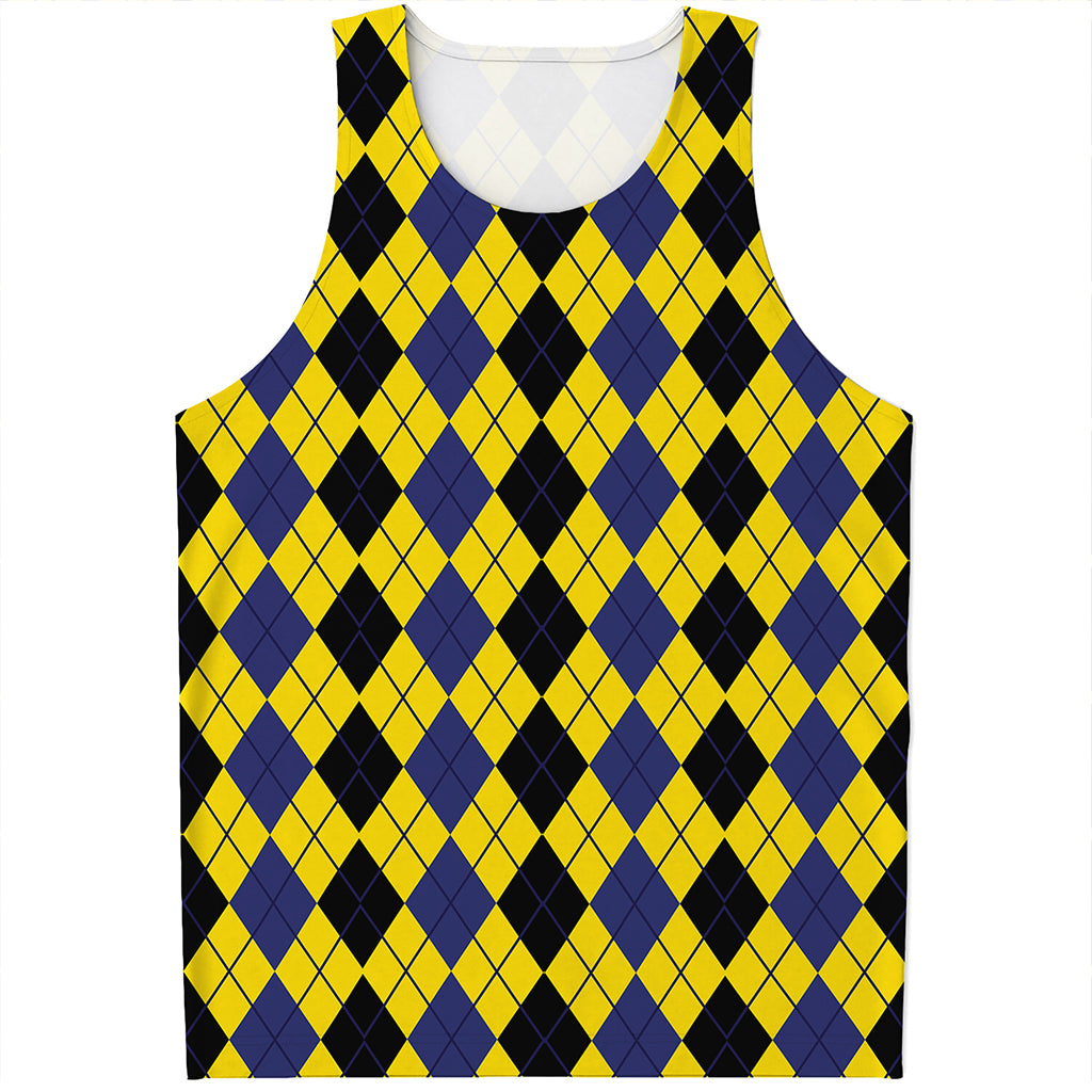 Black Blue And Yellow Argyle Print Men's Tank Top