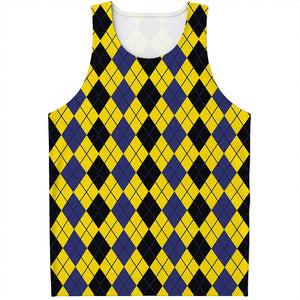 Black Blue And Yellow Argyle Print Men's Tank Top