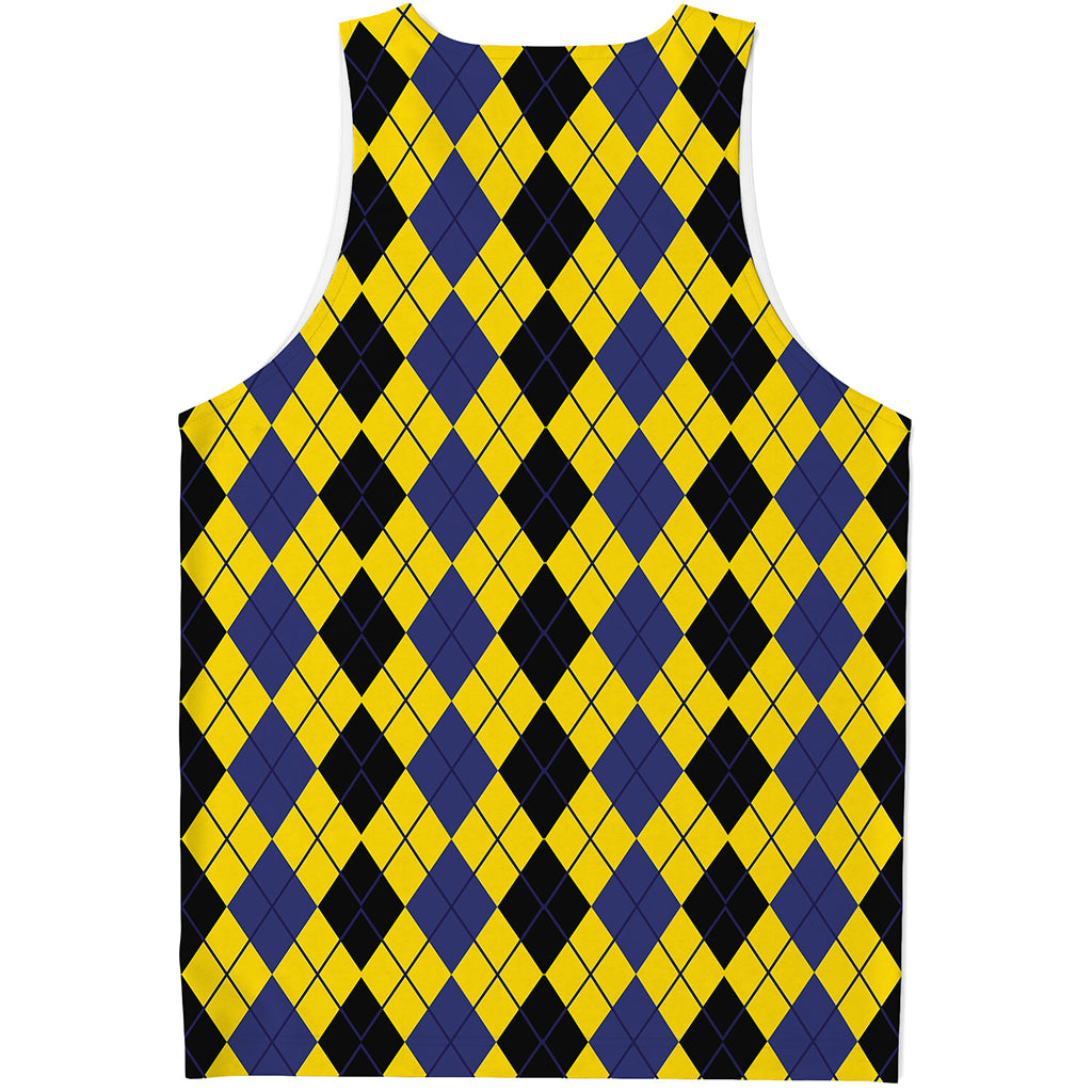 Black Blue And Yellow Argyle Print Men's Tank Top