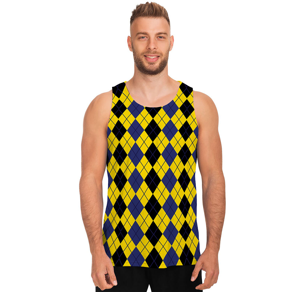 Black Blue And Yellow Argyle Print Men's Tank Top