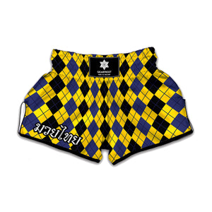 Black Blue And Yellow Argyle Print Muay Thai Boxing Shorts