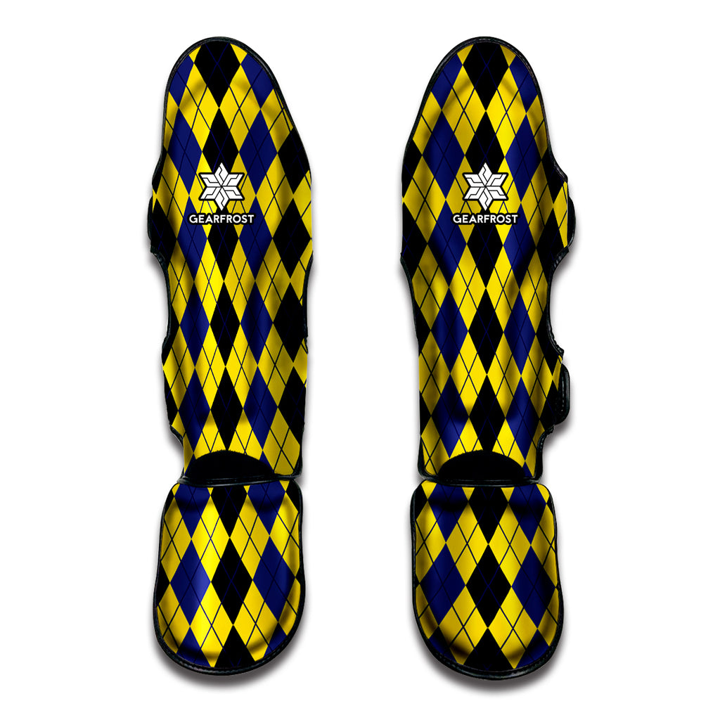 Black Blue And Yellow Argyle Print Muay Thai Shin Guard