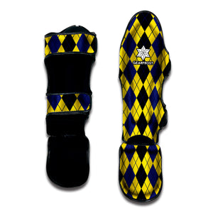 Black Blue And Yellow Argyle Print Muay Thai Shin Guard