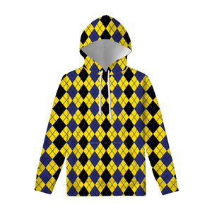 Black Blue And Yellow Argyle Print Pullover Hoodie