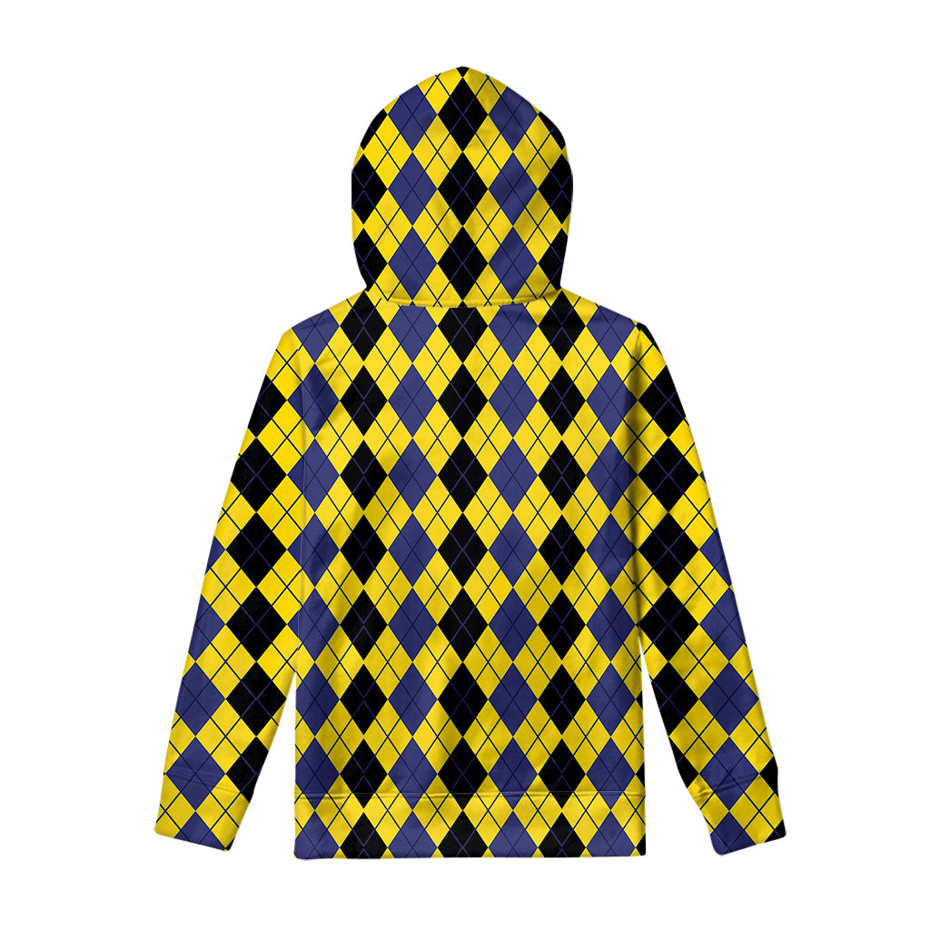 Black Blue And Yellow Argyle Print Pullover Hoodie