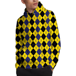 Black Blue And Yellow Argyle Print Pullover Hoodie