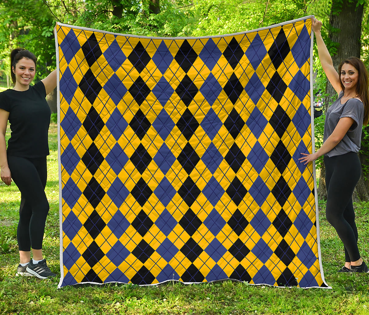 Black Blue And Yellow Argyle Print Quilt