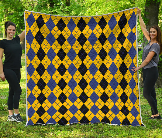 Black Blue And Yellow Argyle Print Quilt