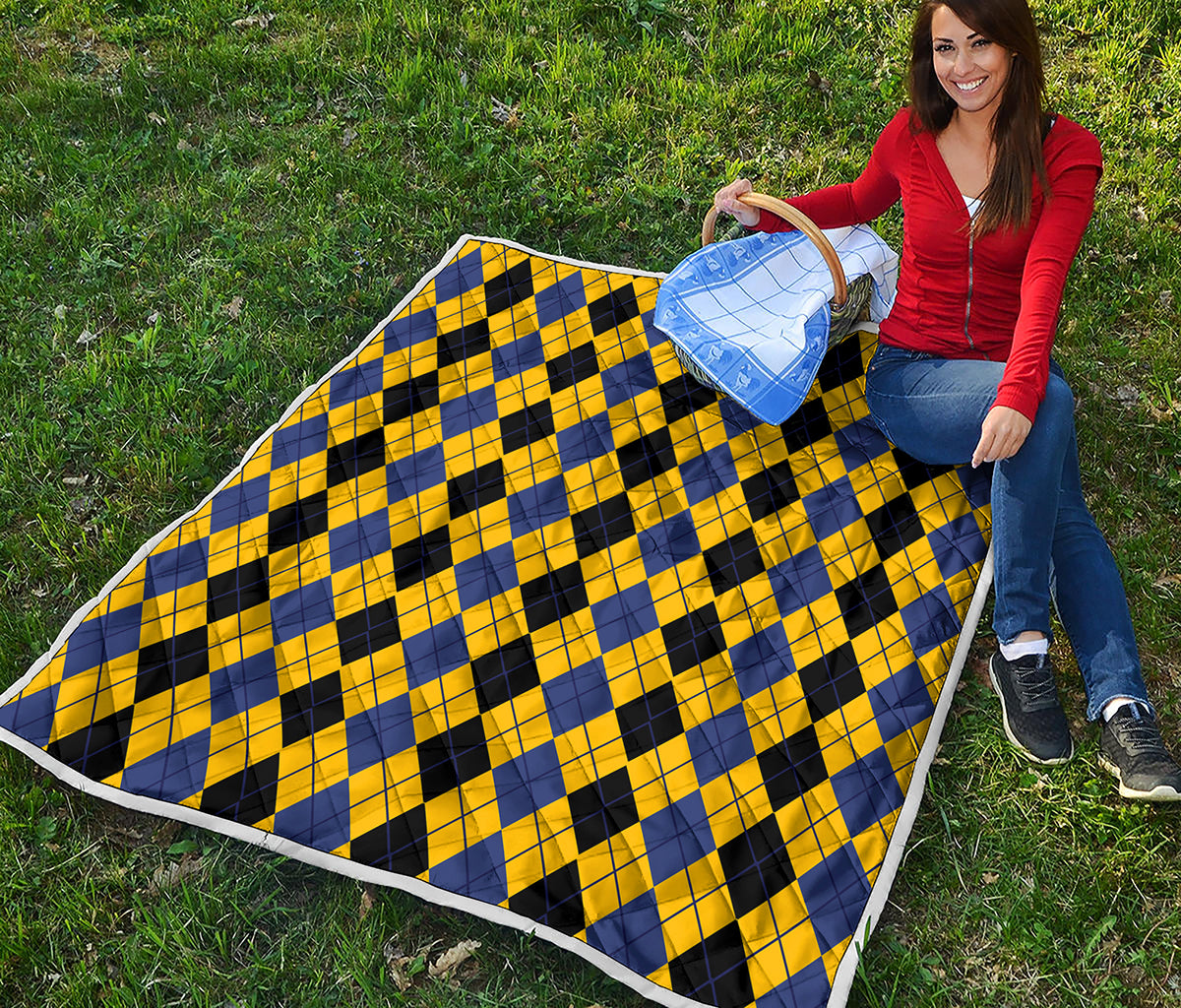 Black Blue And Yellow Argyle Print Quilt