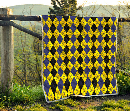 Black Blue And Yellow Argyle Print Quilt