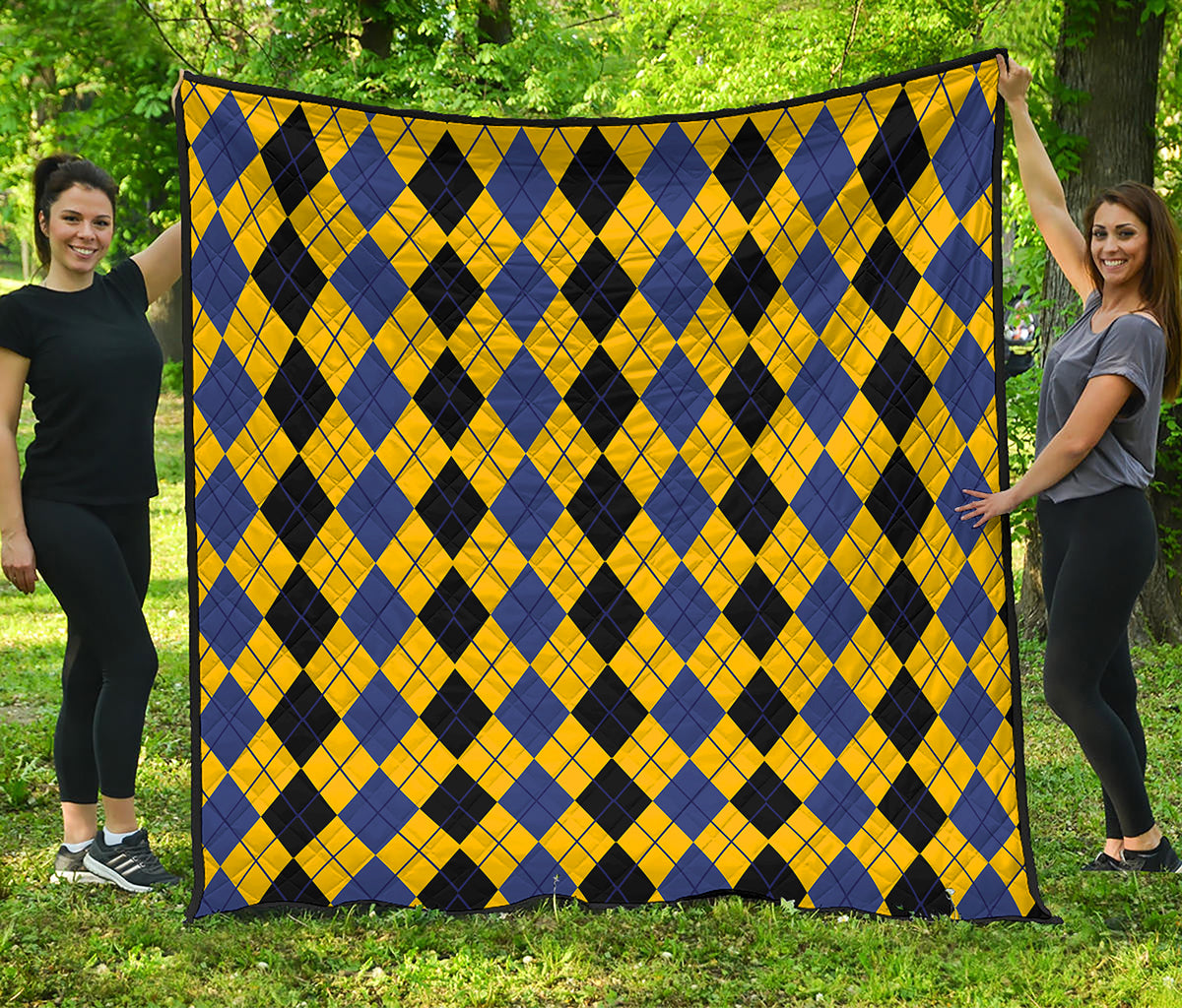Black Blue And Yellow Argyle Print Quilt