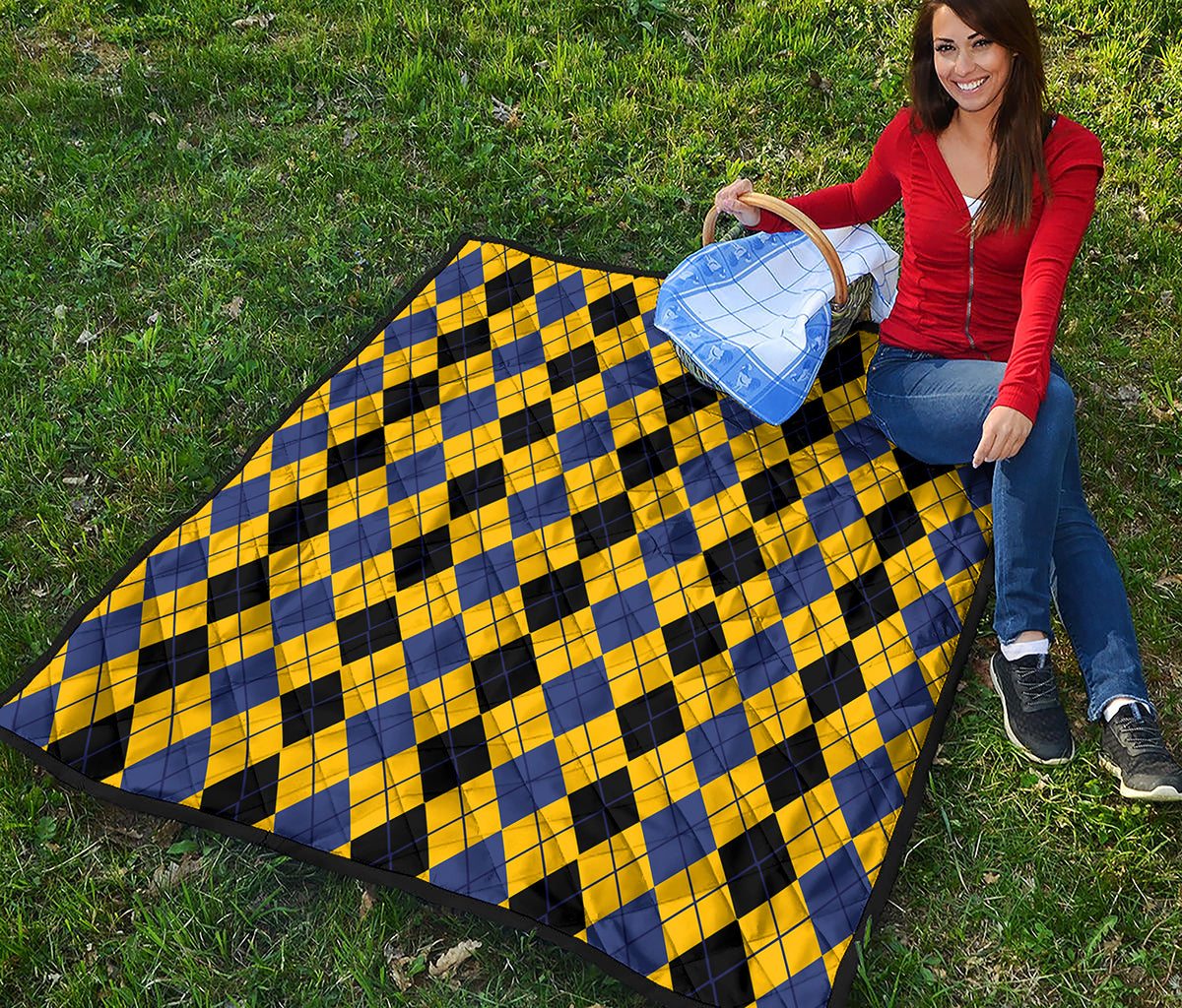 Black Blue And Yellow Argyle Print Quilt
