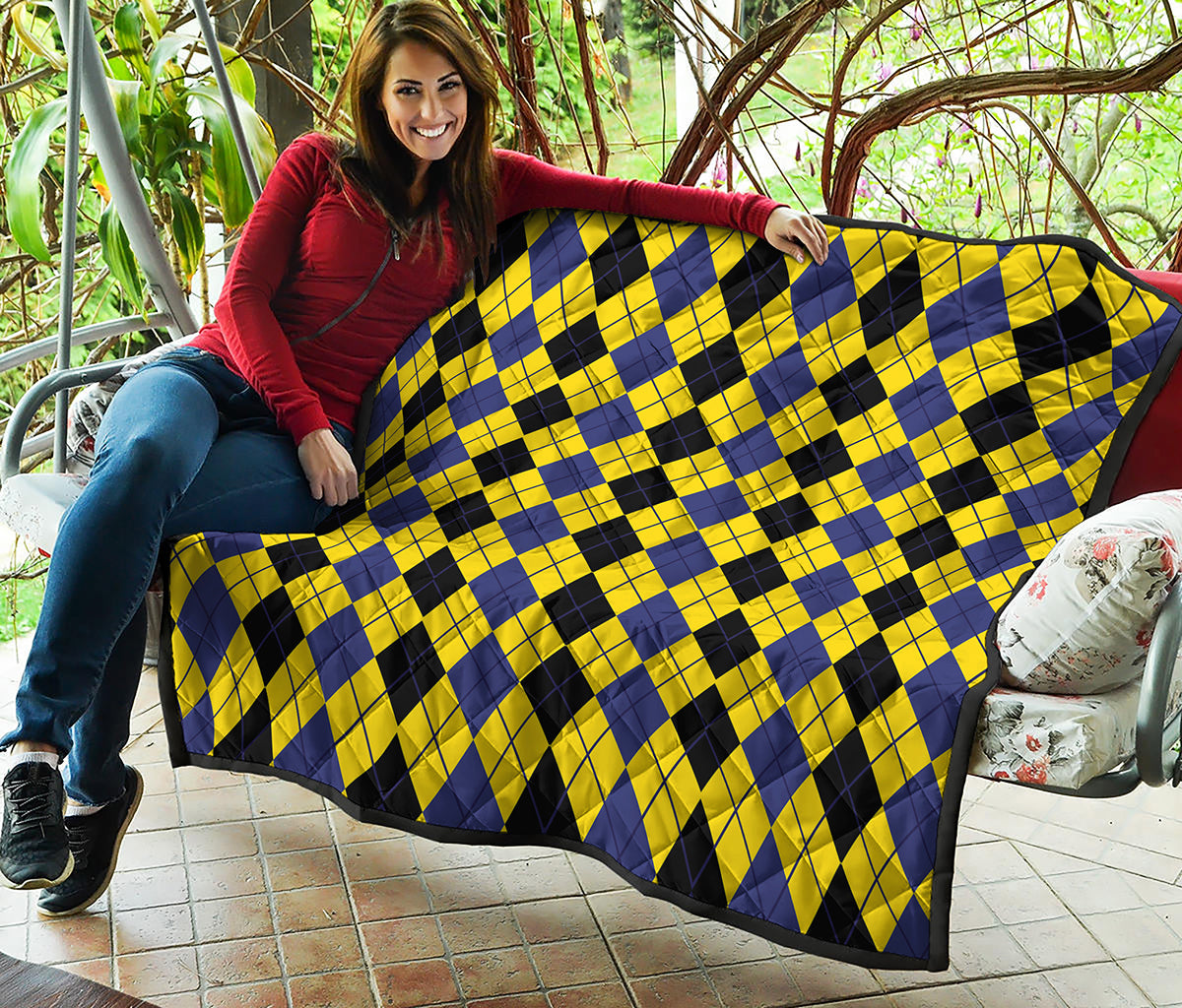 Black Blue And Yellow Argyle Print Quilt