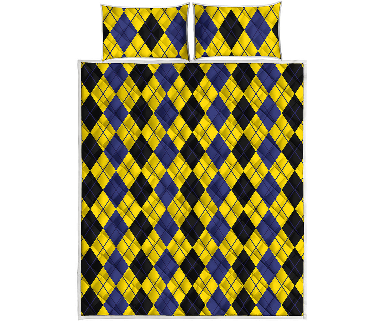 Black Blue And Yellow Argyle Print Quilt Bed Set