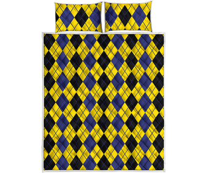 Black Blue And Yellow Argyle Print Quilt Bed Set