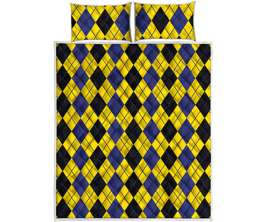 Black Blue And Yellow Argyle Print Quilt Bed Set