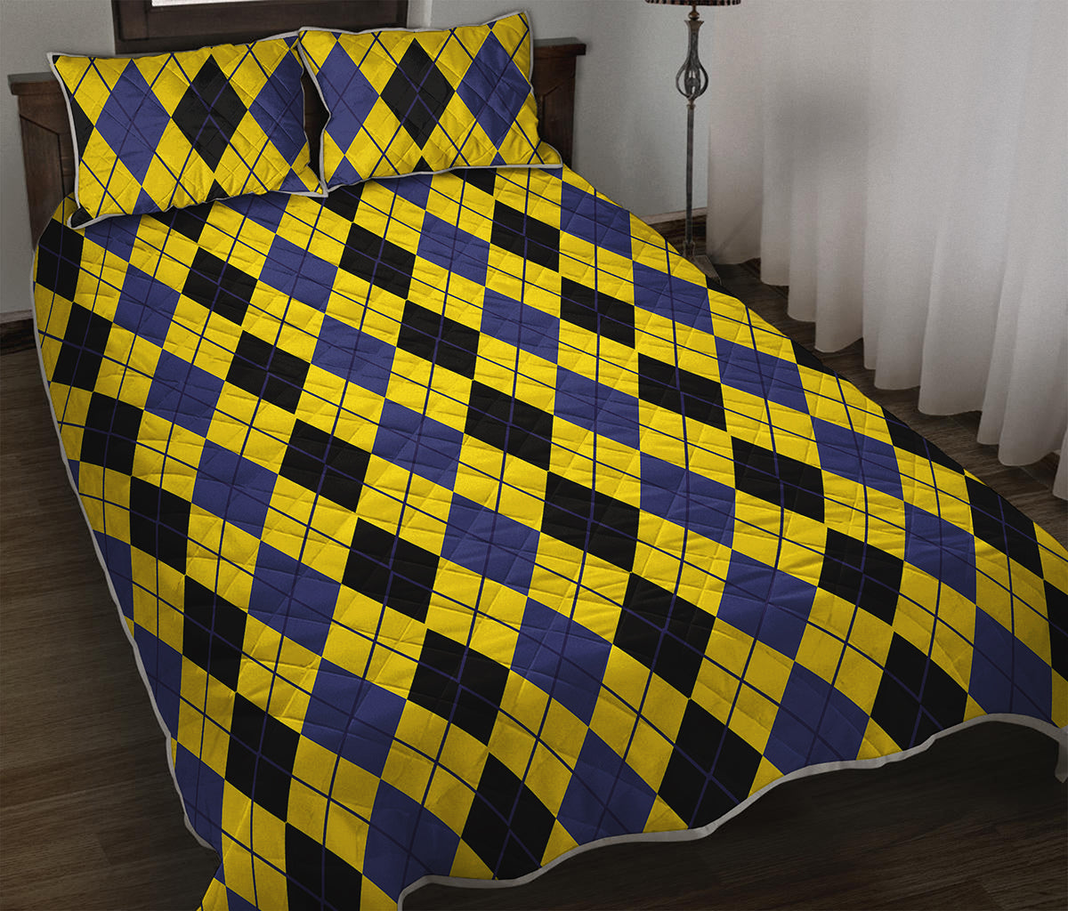 Black Blue And Yellow Argyle Print Quilt Bed Set