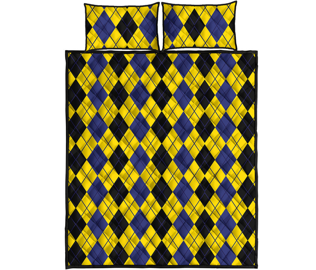 Black Blue And Yellow Argyle Print Quilt Bed Set